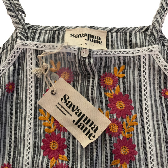 SAVANNA JANE Black & White Stripe Embroidered‎ Floral Tank Top - NWT - Picture 11 of 12